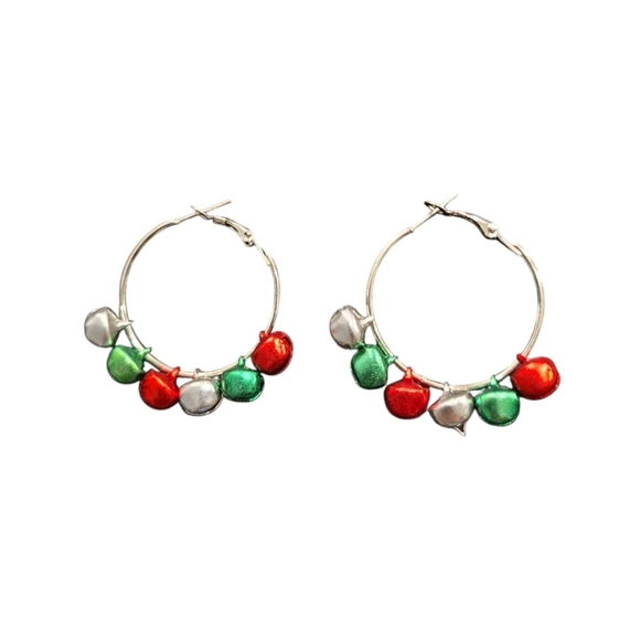 Silver Plated Jingle Bells Christmas Festive Dangle Hoop Earrings - Picture 1 of 1